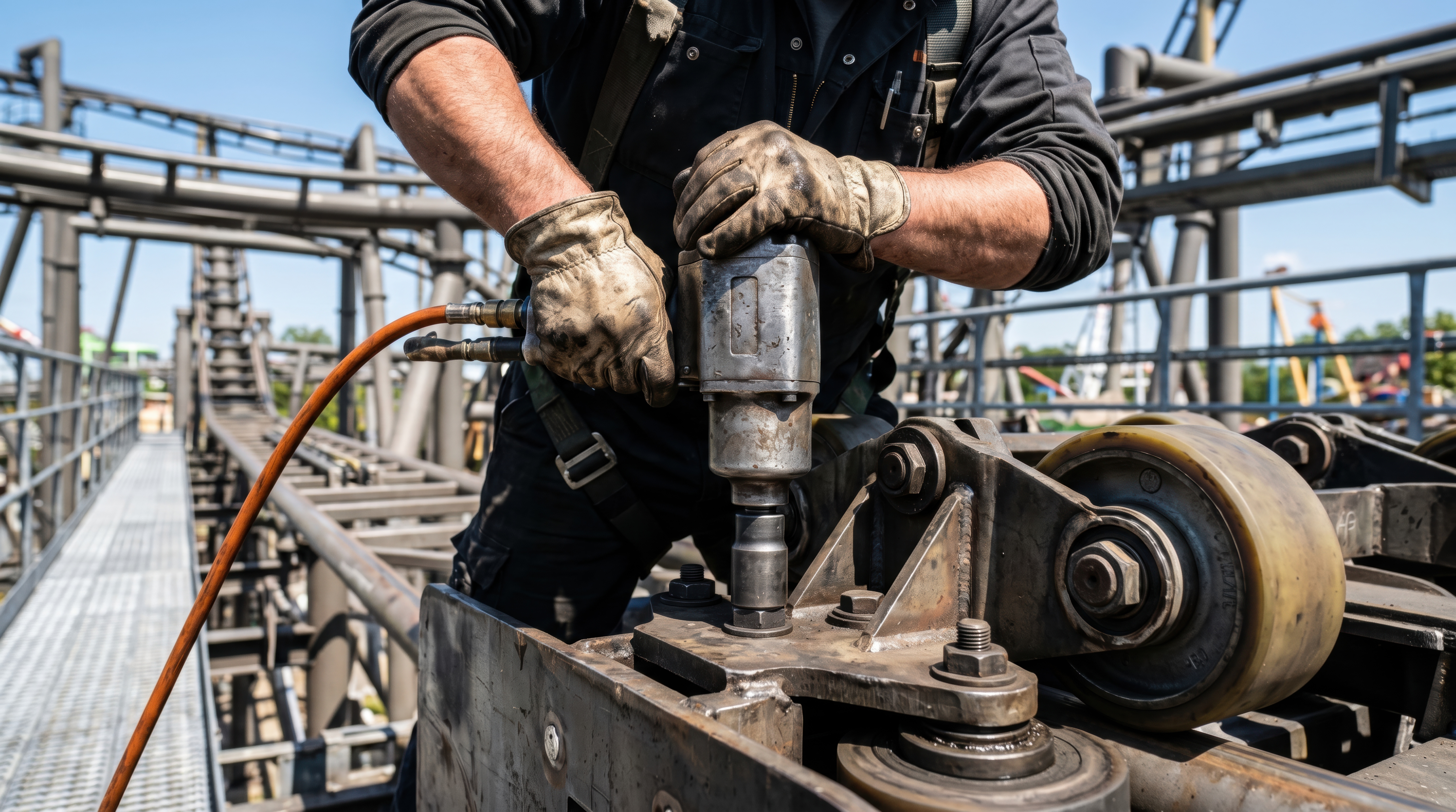 Technician performing professional bolt and hardware inspection on adventure course structural components, ensuring safety compliance and equipment integrity.