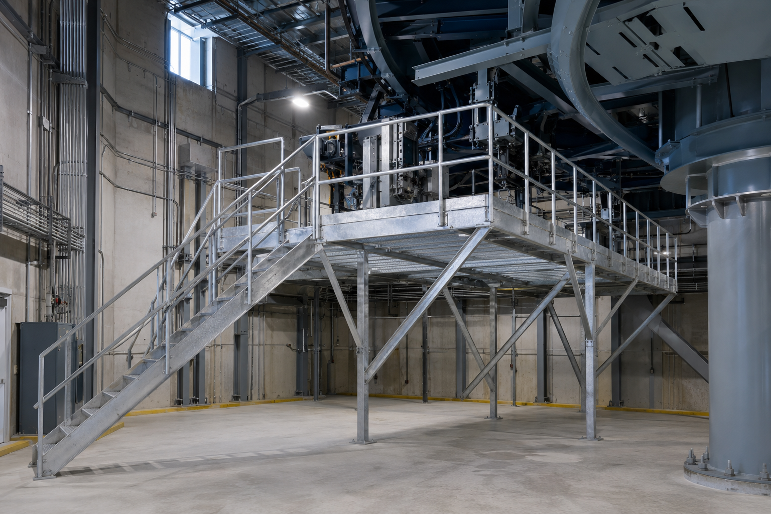 Custom-fabricated galvanized steel maintenance catwalk with industrial stairs and safety railings, engineered by Smart for a manufacturing facility.