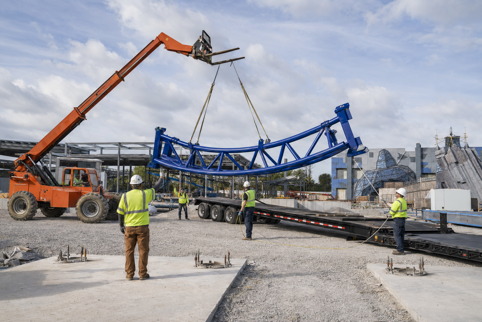 Technicians rigging and installing a steel roller coaster track/support assembly during construction